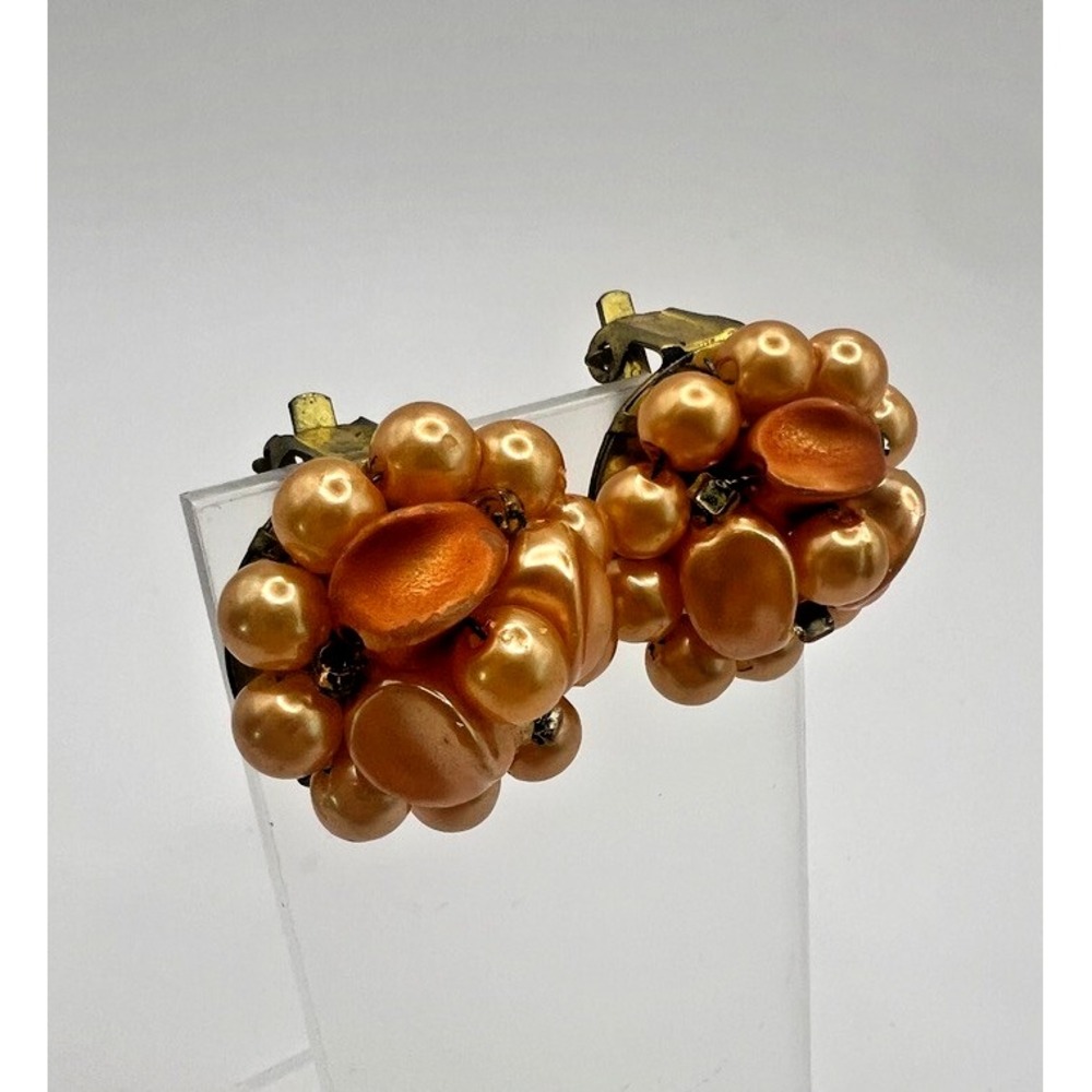 Vintage 1960s Hong Kong Cluster Clip On Earrings Faux Pearl Bead‎ Gold Orange 1"
